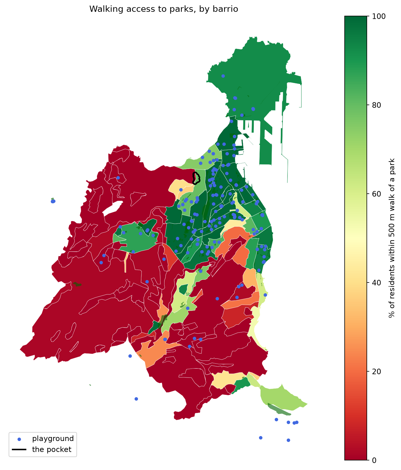 Share of residents within a 500 m walk of a park, per barrio (ISTAC boundaries, Catastro homes). The black outline marks the pocket.