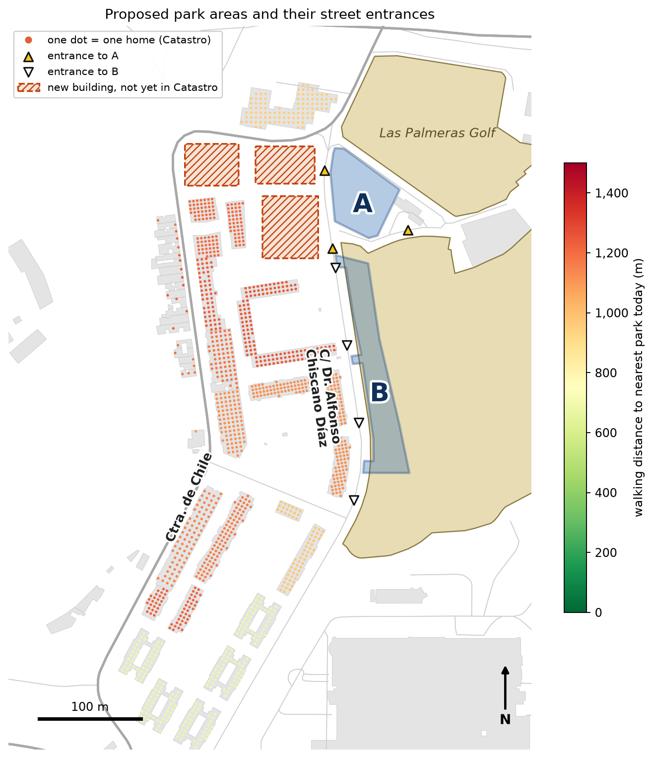 The proposed areas in blue: A, the abandoned plot, and B, the residents’ strip along Calle Doctor Alfonso Chiscano Díaz. Triangles mark street points where each area can be entered (one every 60 m is shown). One dot is one home. Hatched: three new buildings, finished or under construction, not yet in the Catastro and not counted.